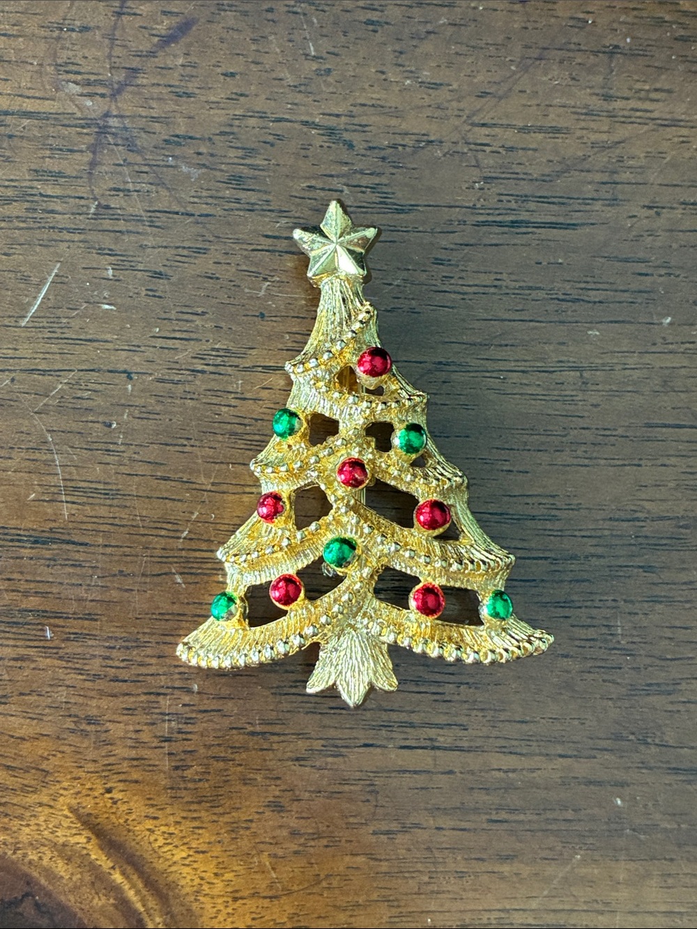 Gold Christmas Tree Brooch with Red and Green Accents